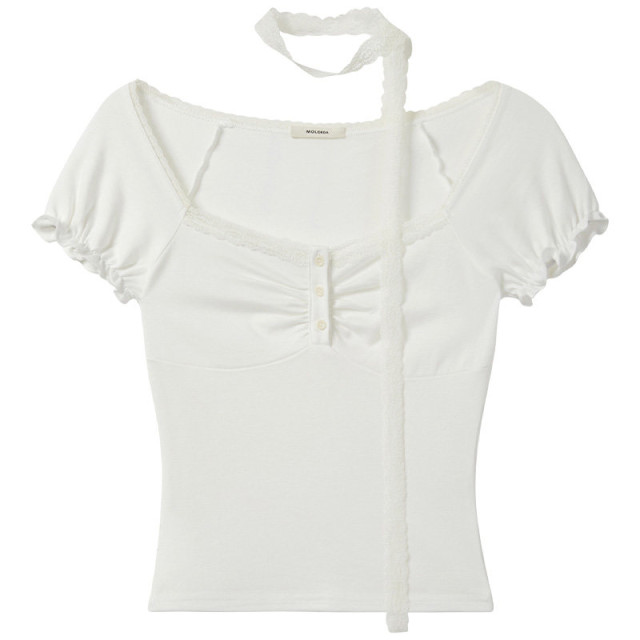 純欲甜辣蕾絲邊方領短袖T恤女2025夏季新款短款褶皺收腰修身上衣