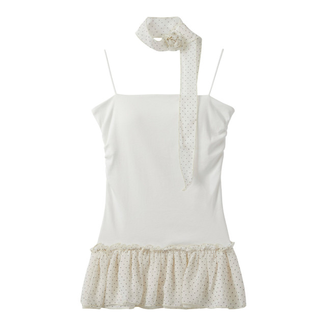 波點掛脖花邊吊帶背心女夏季外穿帶胸墊抹胸收腰修身無袖上衣