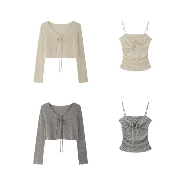 春夏新款純欲甜辣短款碎花系繩吊帶背心長袖開衫兩件套