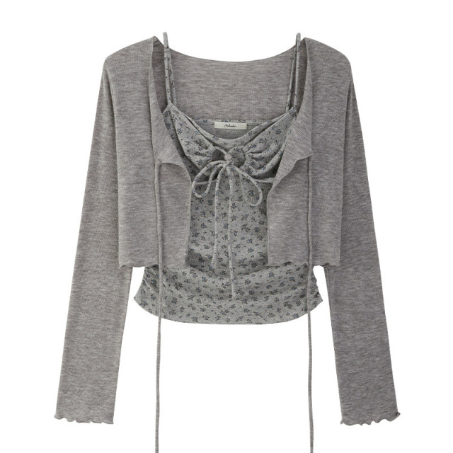 春夏新款純欲甜辣短款碎花系繩吊帶背心長袖開衫兩件套