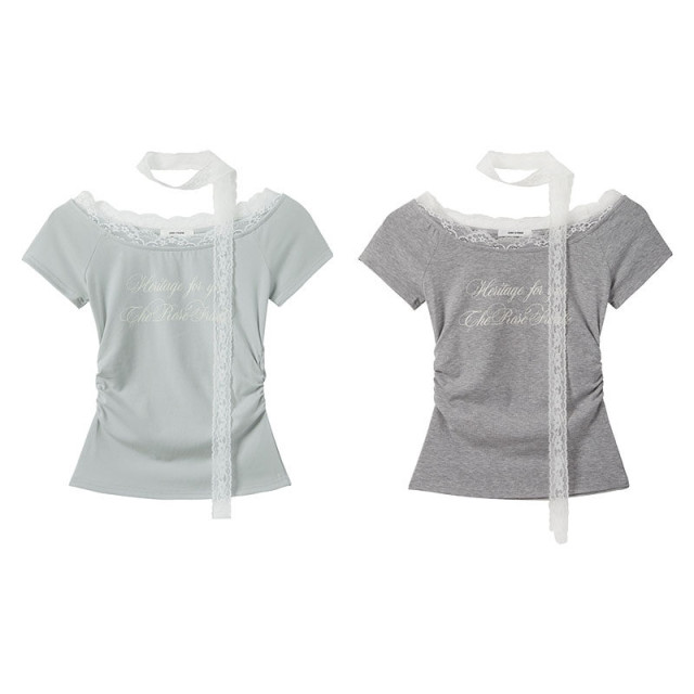 甜辣一字肩蕾絲邊短袖印花T恤女2025春夏新款收腰修身顯瘦上衣
