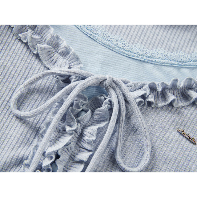 純欲辣妹假兩件蕾絲木耳邊綁帶長袖T恤女秋季新款花邊吊帶上衣