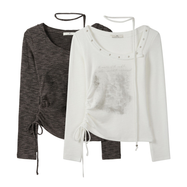 秋季新款不規則復古廢土風辣妹小眾長袖斜領T恤女印花修身上衣