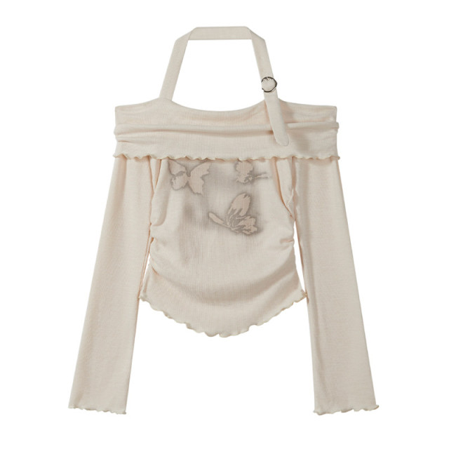 甜辣妹一字肩掛脖木耳邊長袖T恤女2025早秋季新款蝴蝶印花上衣