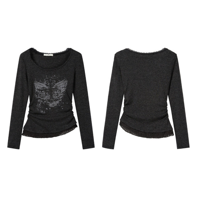 秋裝新款純欲甜辣圓領蕾絲拼接印花長袖T恤女不規則褶皺修身上衣