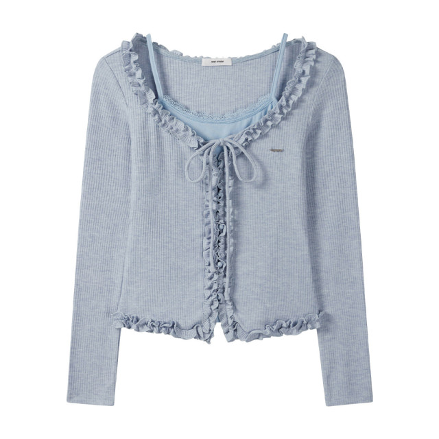 純欲辣妹假兩件蕾絲木耳邊綁帶長袖T恤女秋季新款花邊吊帶上衣