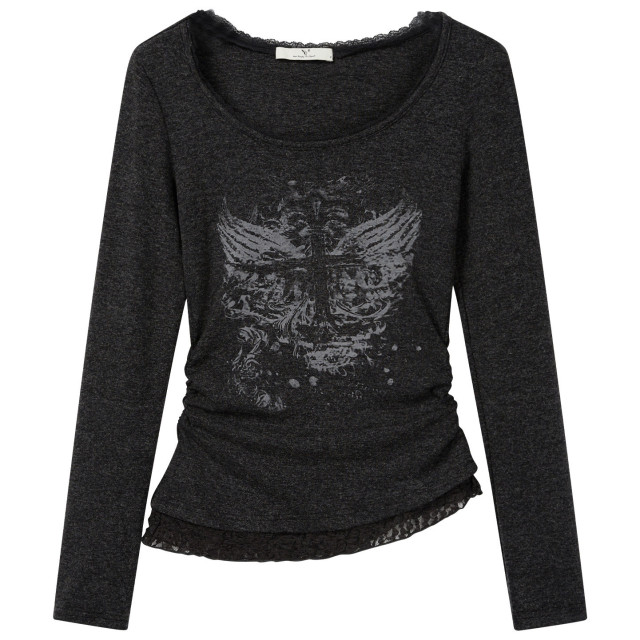 秋裝新款純欲甜辣圓領蕾絲拼接印花長袖T恤女不規則褶皺修身上衣