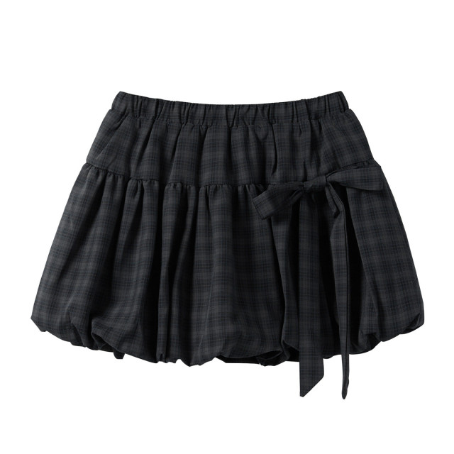秋裝新款韓系高腰A字顯瘦松緊腰格子裙女蝴蝶結花苞裙半身短裙