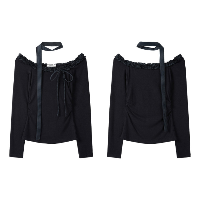 辣妹花邊一字領露肩長袖t恤女早秋格紋飄帶修身設計感打底上衣