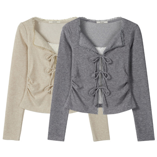 2025秋季新款蕾絲花邊綁帶長袖T恤女甜辣美收腰設計感假兩件上衣