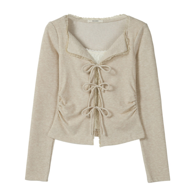 2025秋季新款蕾絲花邊綁帶長袖T恤女甜辣美收腰設計感假兩件上衣