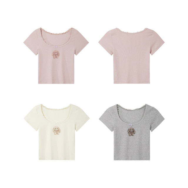 日系蕾絲花邊蝴蝶結可愛兔子短袖T恤修身顯瘦純欲辣妹短款上衣女