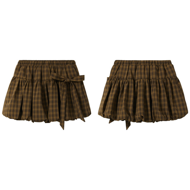 秋裝新款韓系高腰A字顯瘦松緊腰格子裙女蝴蝶結花苞裙半身短裙