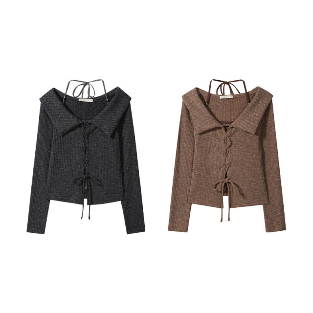 早秋新款美式復古甜辣短款假兩件抽繩掛脖翻領長袖t恤女chic上衣