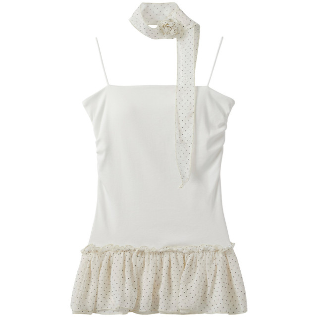 波點掛脖花邊吊帶背心女夏季外穿帶胸墊抹胸收腰修身無袖上衣