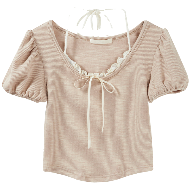 弧形短款假兩件系帶掛脖蕾絲泡泡袖夏季新款上衣