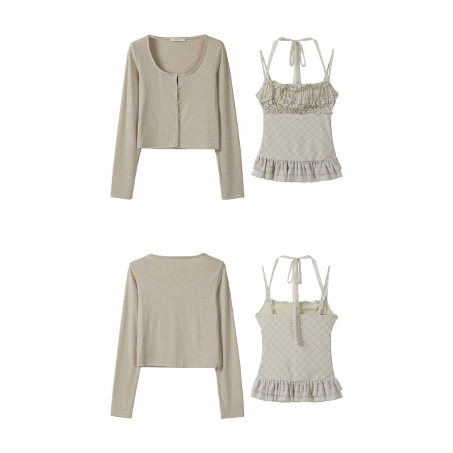 秋季新款韓系純色長袖開衫外搭女木耳邊格子掛脖吊帶背心兩件套