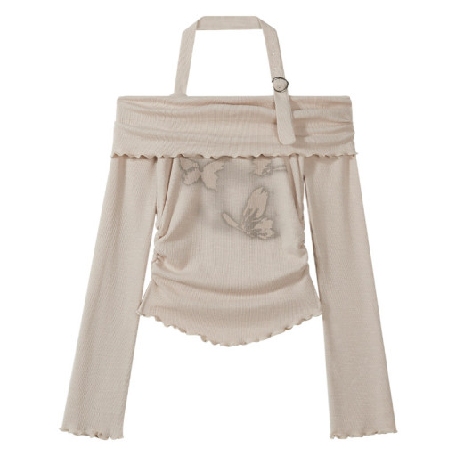 甜辣妹一字肩掛脖木耳邊長袖T恤女2025早秋季新款蝴蝶印花上衣