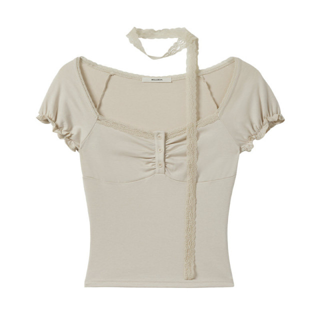 純欲甜辣蕾絲邊方領短袖T恤女2025夏季新款短款褶皺收腰修身上衣