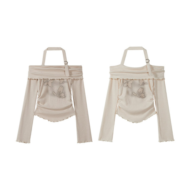 甜辣妹一字肩掛脖木耳邊長袖T恤女2025早秋季新款蝴蝶印花上衣