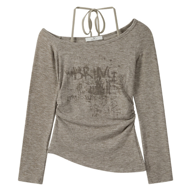 秋季新款長袖掛脖假兩件長袖T恤女一字肩印花美式純欲甜辣上衣