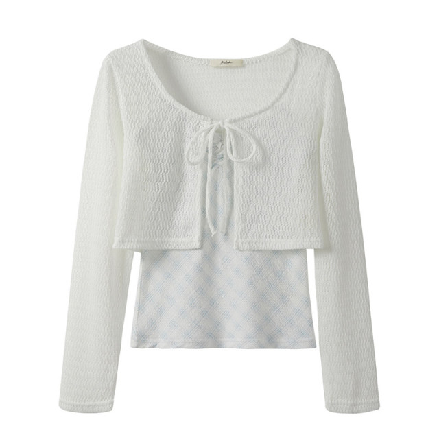 春季新款甜美木耳邊短款菱格吊帶背心長袖系帶鏤空針織開衫兩件套