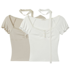 純欲甜辣蕾絲邊方領短袖T恤女2025夏季新款短款褶皺收腰修身上衣