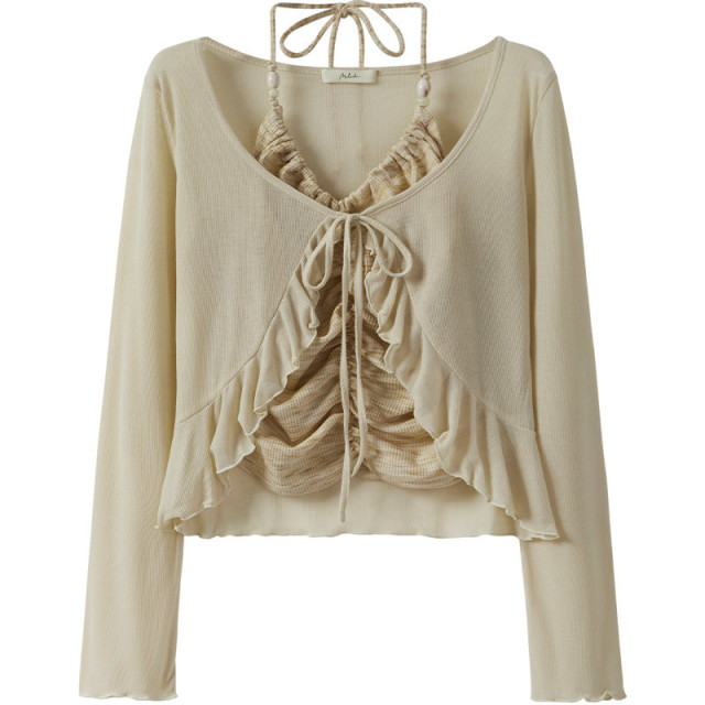 純欲甜辣扎染褶皺系帶掛脖吊帶背心荷葉邊長袖系繩開衫兩件套上衣