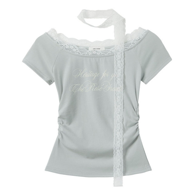 甜辣一字肩蕾絲邊短袖印花T恤女2025春夏新款收腰修身顯瘦上衣