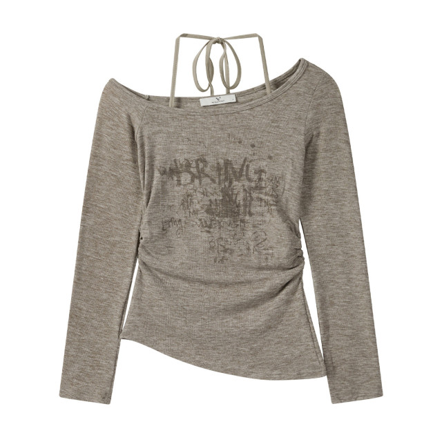 秋季新款長袖掛脖假兩件長袖T恤女一字肩印花美式純欲甜辣上衣