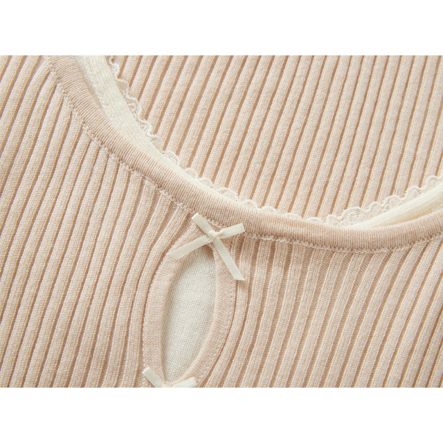 設計感蕾絲蝴蝶結假兩件掛脖長袖針織t恤女秋季新款獨特絕美上衣