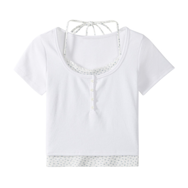 純欲甜辣假兩件拼接短袖掛脖T恤女夏季新款碎花U領短款上衣