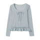 韓系甜美V領蕾絲系帶拼接長袖T恤女2025秋季新款休閑百搭打底衫
