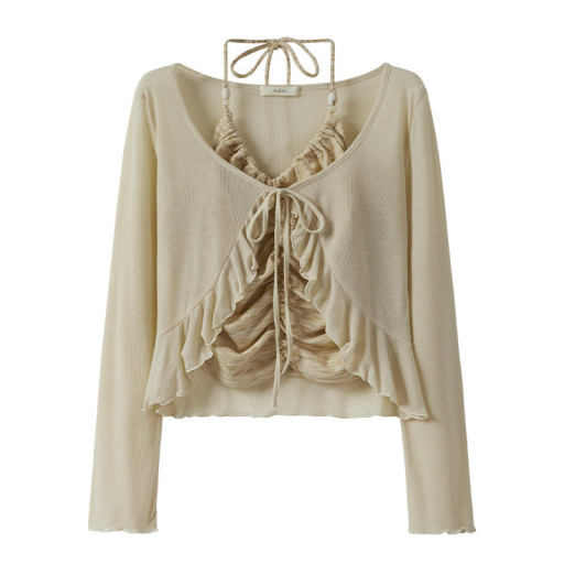 純欲甜辣扎染褶皺系帶掛脖吊帶背心荷葉邊長袖系繩開衫兩件套上衣