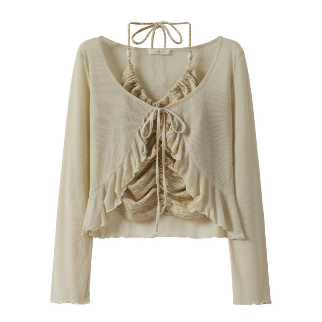 純欲甜辣扎染褶皺系帶掛脖吊帶背心荷葉邊長袖系繩開衫兩件套上衣