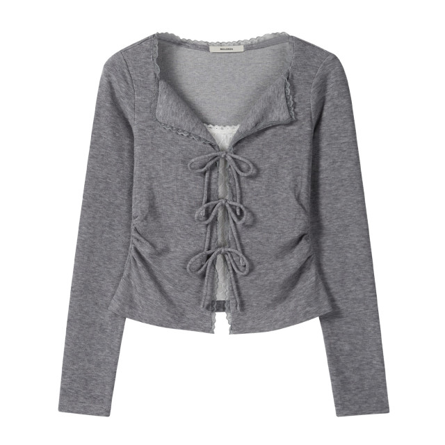 2025秋季新款蕾絲花邊綁帶長袖T恤女甜辣美收腰設計感假兩件上衣