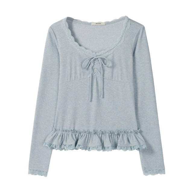 韓系甜美V領蕾絲系帶拼接長袖T恤女2025秋季新款休閑百搭打底衫