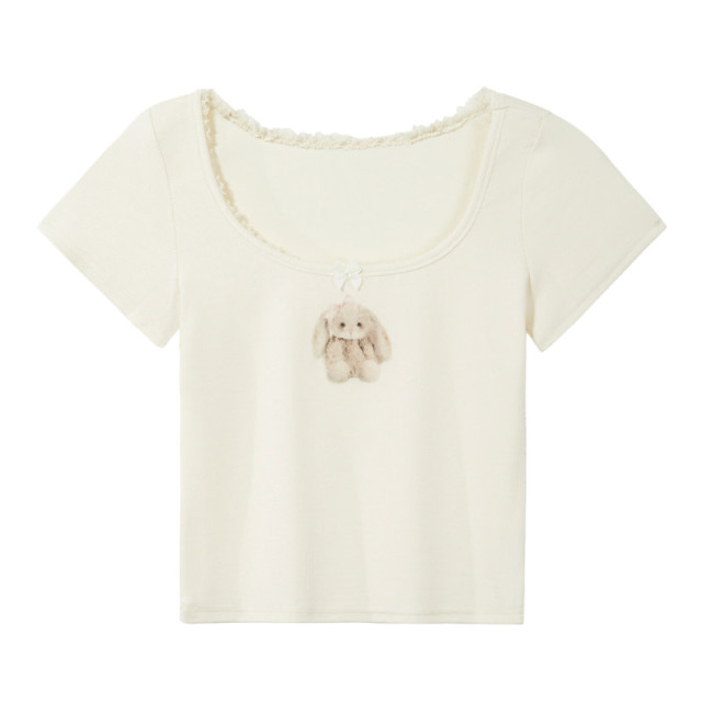 日系蕾絲花邊蝴蝶結可愛兔子短袖T恤修身顯瘦純欲辣妹短款上衣女