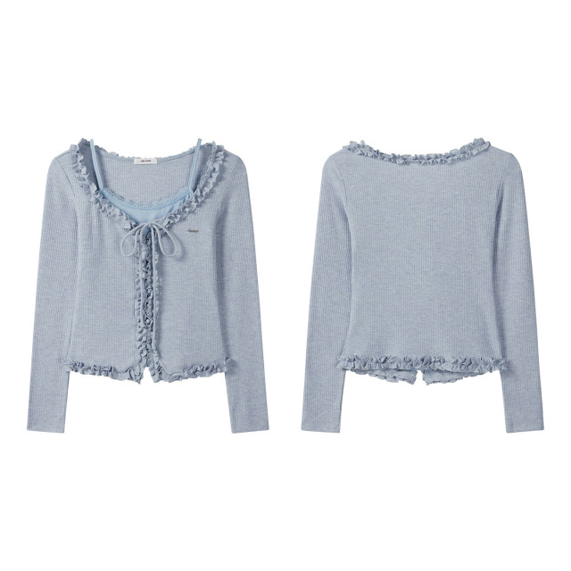 純欲辣妹假兩件蕾絲木耳邊綁帶長袖T恤女秋季新款花邊吊帶上衣