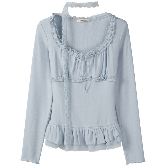 甜美蝴蝶結蕾絲邊打底上衣秋季新款減齡溫柔風修身女士顯瘦T恤衫