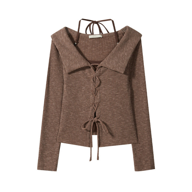 早秋新款美式復古甜辣短款假兩件抽繩掛脖翻領長袖t恤女chic上衣