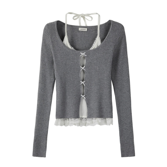 設計感蕾絲蝴蝶結假兩件掛脖長袖針織t恤女秋季新款獨特絕美上衣