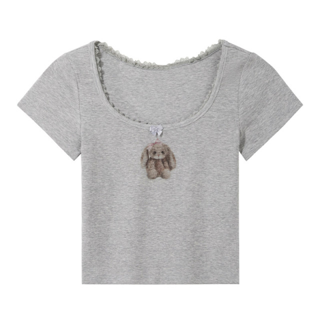 日系蕾絲花邊蝴蝶結可愛兔子短袖T恤修身顯瘦純欲辣妹短款上衣女