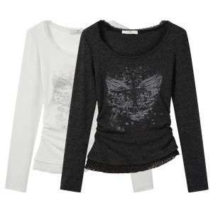 秋裝新款純欲甜辣圓領蕾絲拼接印花長袖T恤女不規則褶皺修身上衣