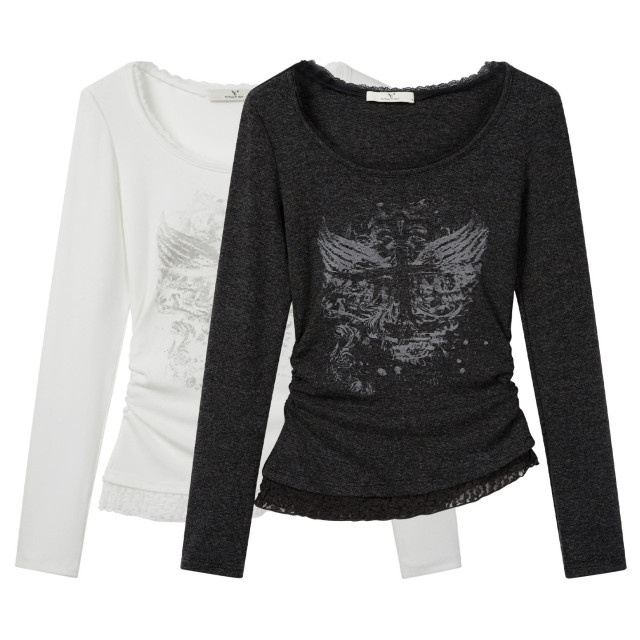 秋裝新款純欲甜辣圓領蕾絲拼接印花長袖T恤女不規則褶皺修身上衣