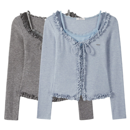 純欲辣妹假兩件蕾絲木耳邊綁帶長袖T恤女秋季新款花邊吊帶上衣