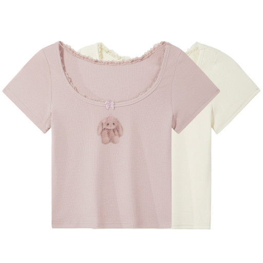 日系蕾絲花邊蝴蝶結可愛兔子短袖T恤修身顯瘦純欲辣妹短款上衣女