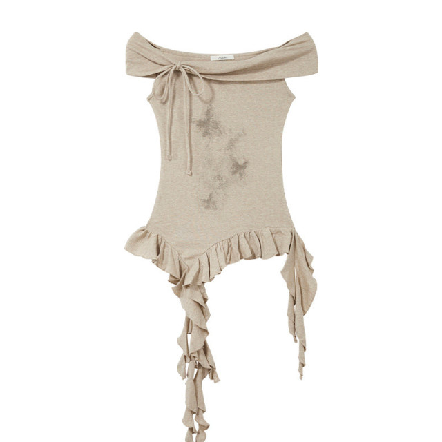 系帶蝴蝶結一字肩短袖T恤女2025春夏新款休閑修身飄帶印花上衣