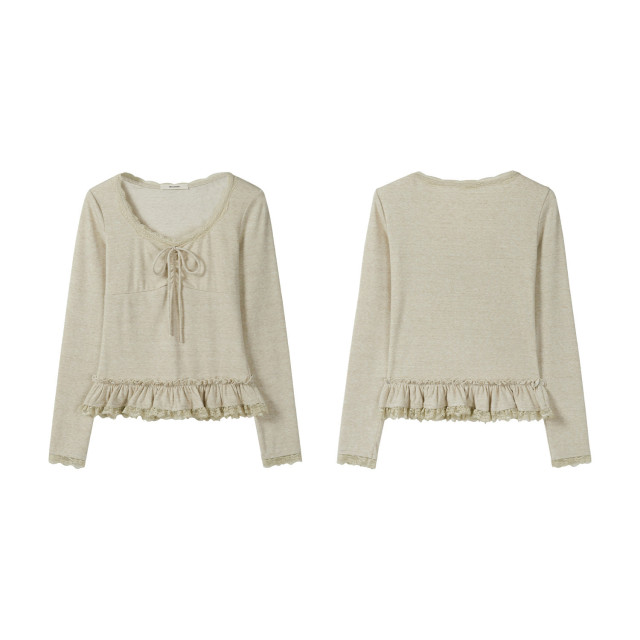 韓系甜美V領蕾絲系帶拼接長袖T恤女2025秋季新款休閑百搭打底衫