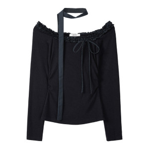 辣妹花邊一字領露肩長袖t恤女早秋格紋飄帶修身設計感打底上衣